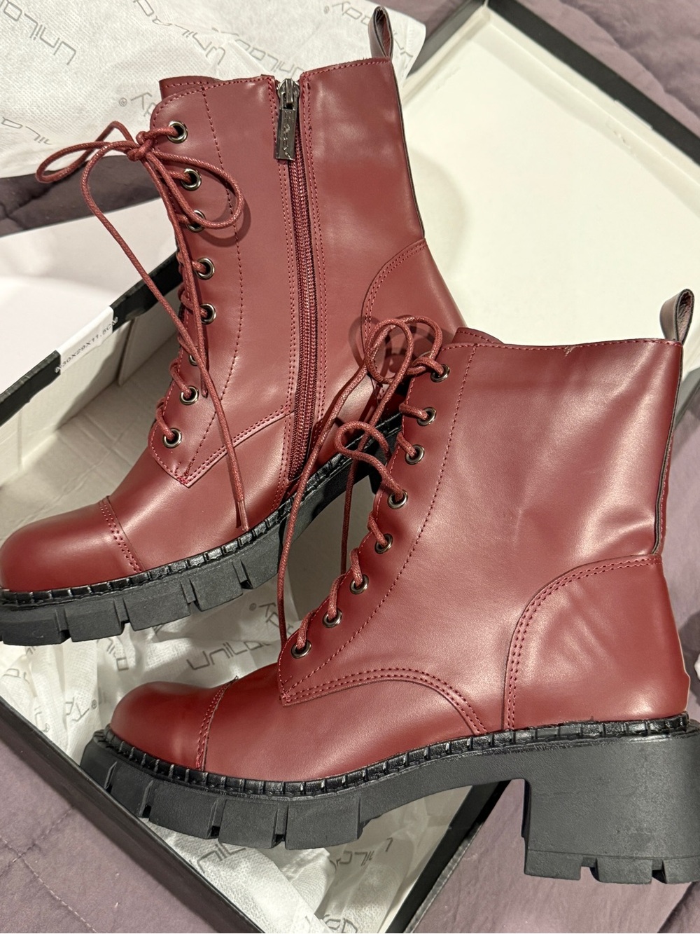 Women’s Burgundy Lace-Up Chunky Combat Boots by Unilady 8.5